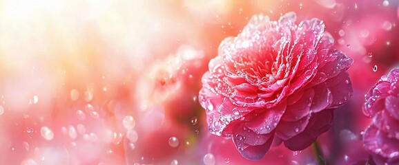 Dew-kissed pink flower in soft sunlight.