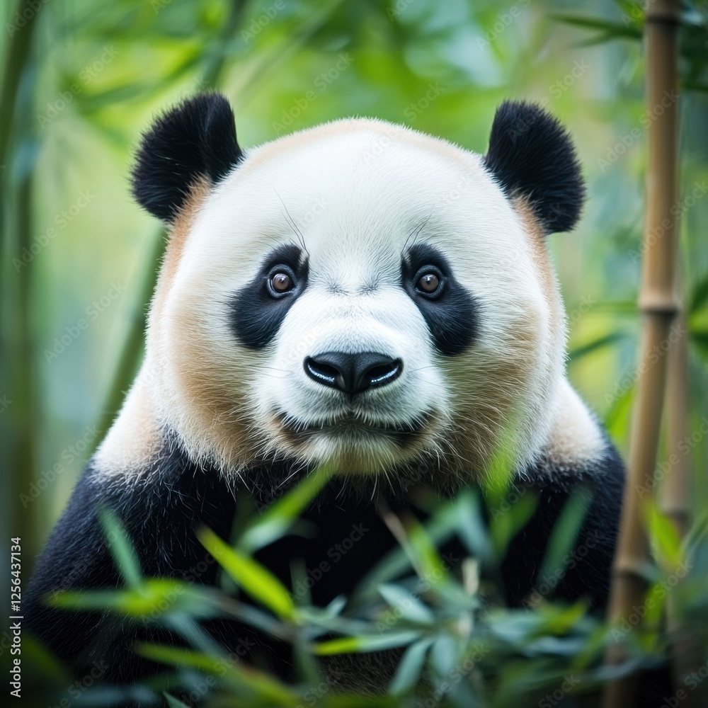 Leinwandbilder Captivating panda portrait surrounded by lush bamboo forest with ample space for text inclusion. Generative AI
