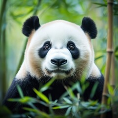 Fototapeta premium Captivating panda portrait surrounded by lush bamboo forest with ample space for text inclusion. Generative AI