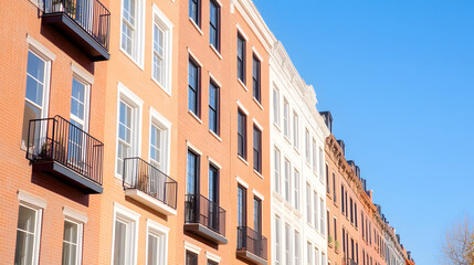 Naklejka premium Urban Skyline: Row of charming, brick-faced apartment buildings with wrought-iron balconies against a clear blue sky. Modern city living in style.