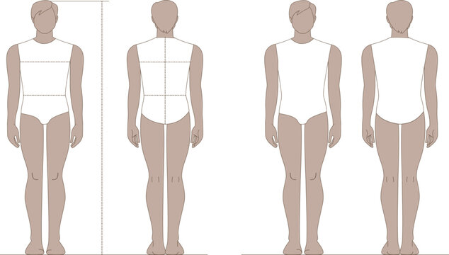 Male body template front and back view for fashion and medical design