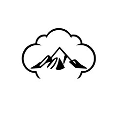 Mountain View Emblem: Black and White Illustration of Mountains and Cloud in a Simplified Style