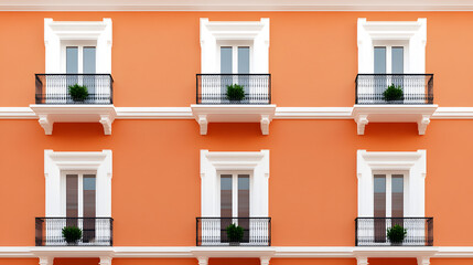 Fototapeta premium Building facade with balconies and white-framed windows, showcasing a blend of architectural symmetry and minimalist design against an orange exterior.