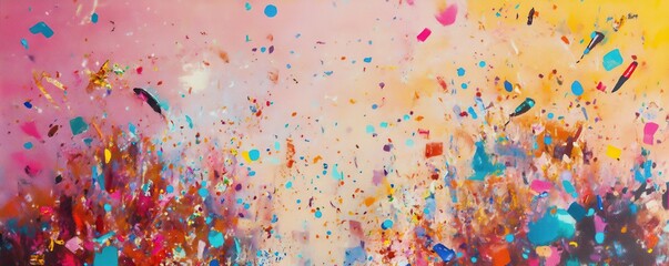 Obraz premium Vibrant abstract art with multicolored confetti on pink and yellow background