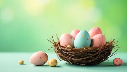Obraz premium Beautifully Decorated Eggs in a Nest on a Pastel Green Backdrop, Easter Bird Nest with Easter Eggs, created with generative ai