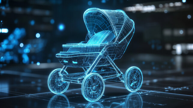Baby carriage hologram. Digital and technological background of the stroller. Futuristic baby stroller design