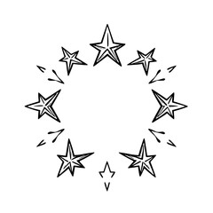 Obraz premium Black ink illustration of a circular pattern, with stars and projectiles.