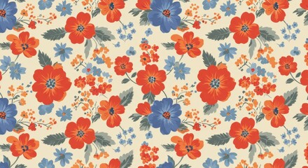 A vibrant and cheerful seamless floral pattern featuring red, orange and blue flowers with green leaves