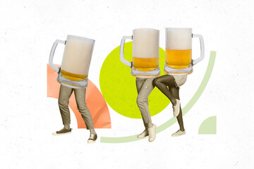 Creative composite sketch design artwork collage of three person beer glass alcohol party stand...