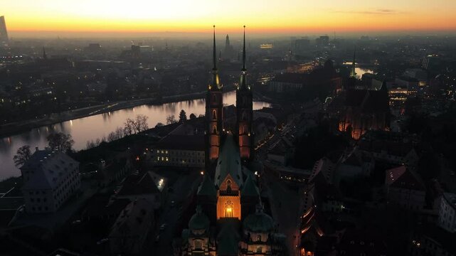  City of Wroclaw, Ostr&oacute;w Tumski after sunset, Lower Silesia Poland.