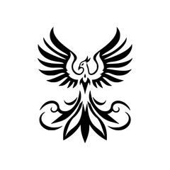 Phoenix design illustration, black and white heraldic icon, minimalist, elegant, rising, symmetric, heraldic, phoenix, graphic, monochrome.