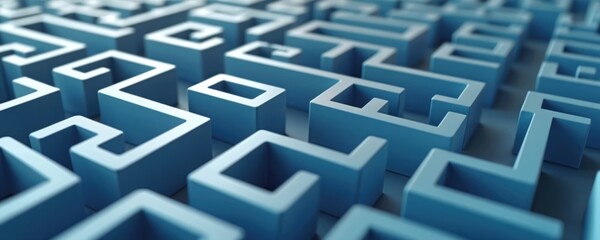 Close-up illustration shows maze-like structure. Creative business concept with different paths to success, strategy, problem solving in business. Blue labyrinth structure, abstract labyrinth design