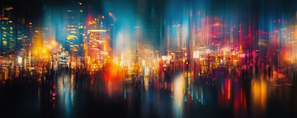 Vibrant neon city lights at night with blurred motion effect