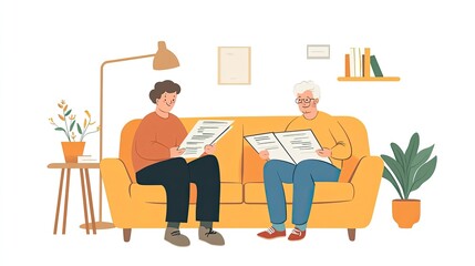 Elderly couple seated on a couch reviewing paperwork, sorting out investments, and enjoying favorable terms in insurance or agreements
