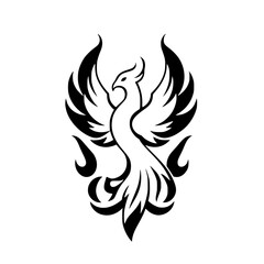 Phoenix Phoenix rises, A Phoenix rises, phoenix stylized icon, black and white over white background,  symbol, rising phoenix, rise of black flames of fire,simple logo, phoenix black silhouette and w
