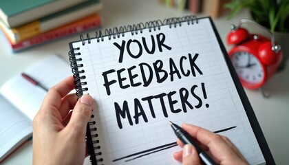 Top view of notebook with handwritten text Feedback matters. Hand holds pen over sheet. Importance of customer opinion, client satisfaction. Workplace desktop atmosphere shows books, plant, clock.