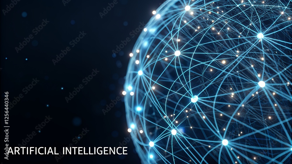 Poster Glowing Neural Network Sphere: Abstract AI Concept. Futuristic technology, artificial intelligence, digital brain, interconnected nodes, network      