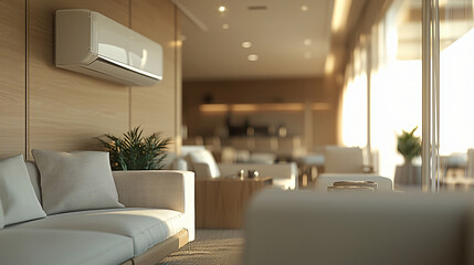 A serene living room with modern furniture and air conditioning, offering a cool, quiet space that enhances comfort and relaxation. 