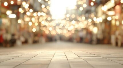 Evening street market, blurred background, city lights, empty foreground