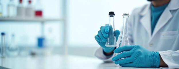 Fototapeta premium Scientist holds flasks in medical lab. Hand in blue glove analyses transparent test tube. Chemist works at hospital science research banner background. Medical worker in clinic. Biotechnology