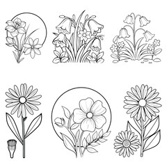 vector set of flowers line art coloring book page design and floral illustration for kids and adults