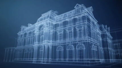 Perspective 3D render of building wireframe - Vector illustration