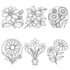 Flower outline illustration coloring book page design, floral black and white line art drawing coloring pages for children and adults