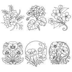Flower outline illustration coloring book page design, flower black and white line art drawing for children and adults