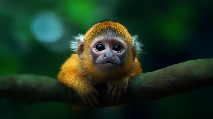 Fototapeta premium Small monkey perched on a branch in a lush green forest environment