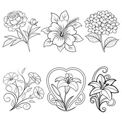 Cute flower coloring page style illustration. Line art drawing black and white
