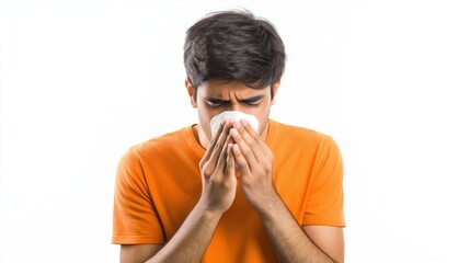 Young Indian man wearing an orange shirt, sneezing and blowing his nose