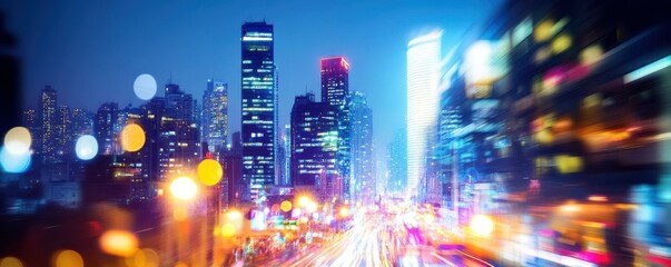 Colorful city night skyline with blurred lights and skyscrapers