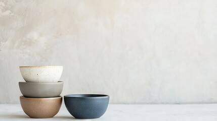   Three bowls perched atop a white countertop beside the wall