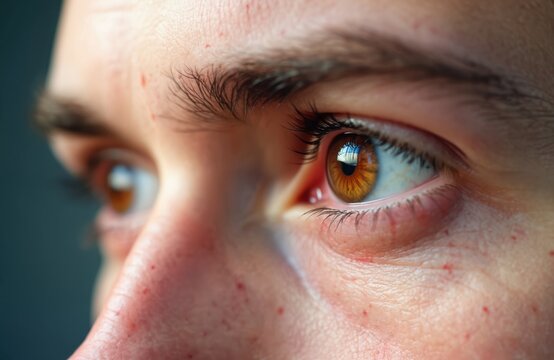 Close-up of male eye with redness, bloodshot vessels. Concept of keratitis inflammation, conjunctivitis, allergy, viral infection, ophthalmology. Photo shows irritation, pain, also may myopia