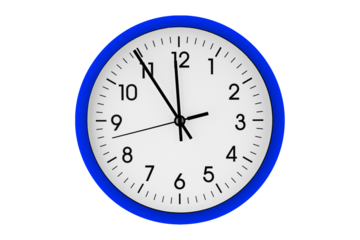 Blue watch, wall clock 11 hours 45 minutes on isolated or white background close up