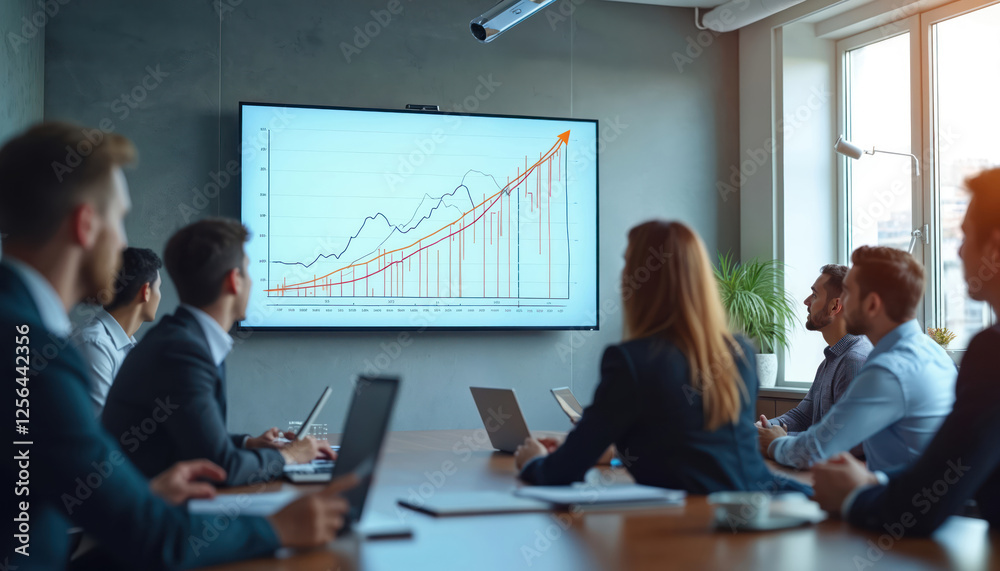 Poster team analyses exponential growth in business meeting. people study financial chart with compound int