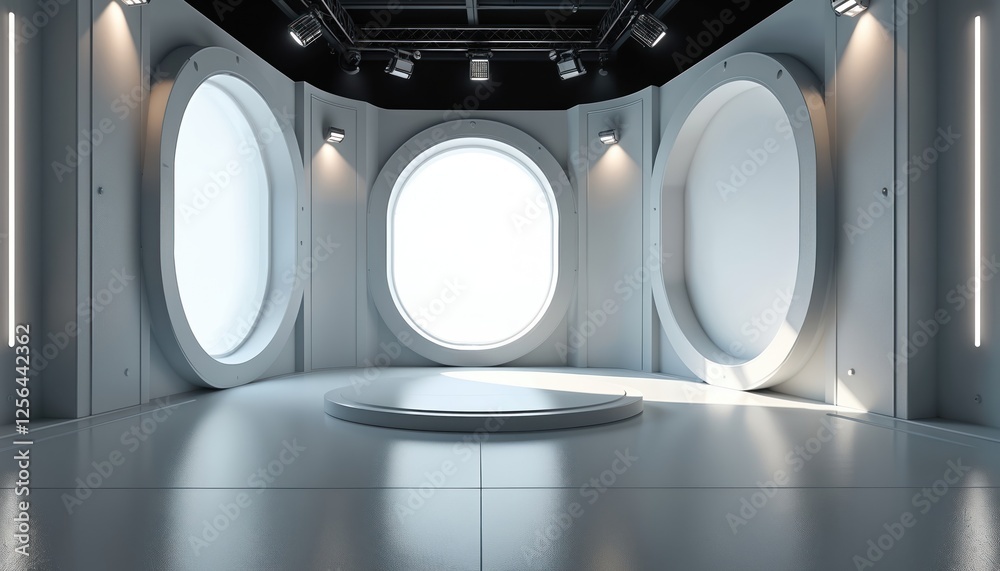Poster futuristic studio set illustration. modern interior design with abstract architecture elements. roun