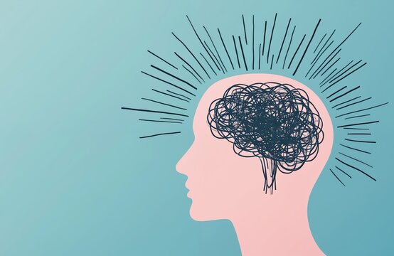 Illustration of human head silhouette with brain depicted as tangled lines, representing anxiety, stress, mental health issues. Concept for depression, ADHD, OCD, overload in mind, confusion,