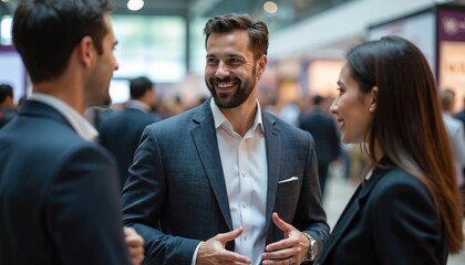 Various individuals dressed in suits engage in interactions, networking, conversations at lively career fair. Students socialize, discuss collaboration opportunities, connection on industry event,