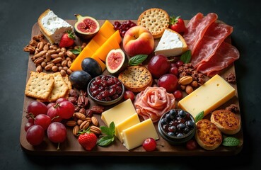 Gourmet charcuterie board with cheese, jam, figs, crackers, nuts, fruits. Stylish presentation of delicious antipasto snack food variety on wooden board for stylish party dining. Culinary gastronomy