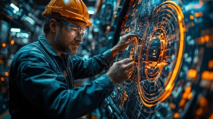 An engineer skillfully adjusts the graphics in an intelligent system, illustrating the intersection of human intellect and advanced technology in a vibrant, working environment.
