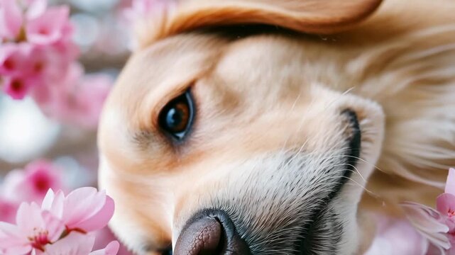 nose of a cute dog surrounded by delicate spring flower
