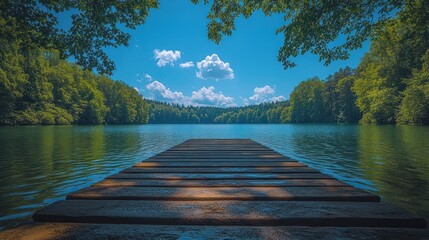 Obraz premium Tranquil wooden dock extending into a serene lake surrounded by lush green trees and blue sky