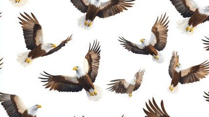 Fototapeta premium Vector seamless background of eagles. The eagles are randomly located on a white background.
