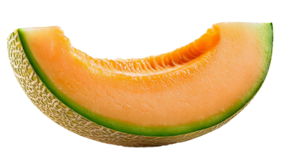 Juicy cantaloupe slice with bite missing on transparent background