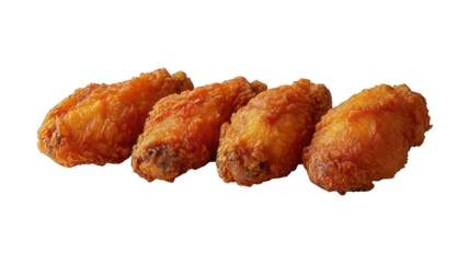 Crispy golden chicken wings arranged neatly on a white background, perfect for food photography