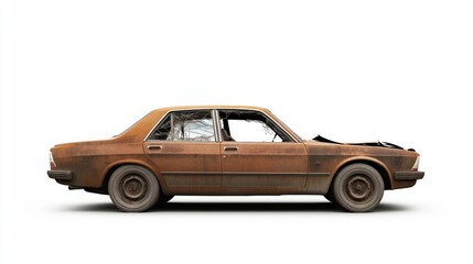 Isolated rusty abandoned car with broken windows and damaged hood represents decay, neglect, and the passage of time, creating a stark visual against a clean white backdrop