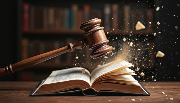 Gavel smashes law book, abolishing outdated legislation. Wooden gavel hits lawbook on wooden table. Represents justice, legal system reform. Law, advocacy, activism against old decrees, for changes.