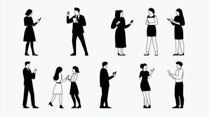 Obraz premium Professional workers engaging mobile devices, demonstrating digital connectivity through varied postures and interactions in contemporary workplace environments