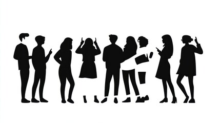 Shadowy human silhouettes depicting diverse communication, networking, and interpersonal engagement through body language and smartphone interactions